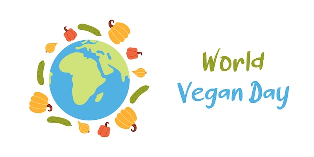 Vektor vektor-hintergrundillustration zum welt-vegan-tag mit text erde und gemüse für grußkarten, poster, flyer und banner-design