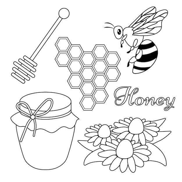 Vektor vektor-honig-element-doodle-set mit honigwaben, fliegende biene, kamillenblüten, die flüssigkeit auf einem stock fließen honigglas bio-produkte für logo umriss niedliche cartoon-illustration