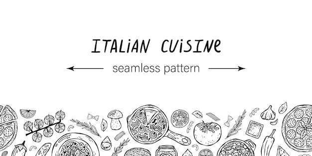 Vektor horizontales nahtloses muster von handgezeichneten illustrationen der italienischen küche.