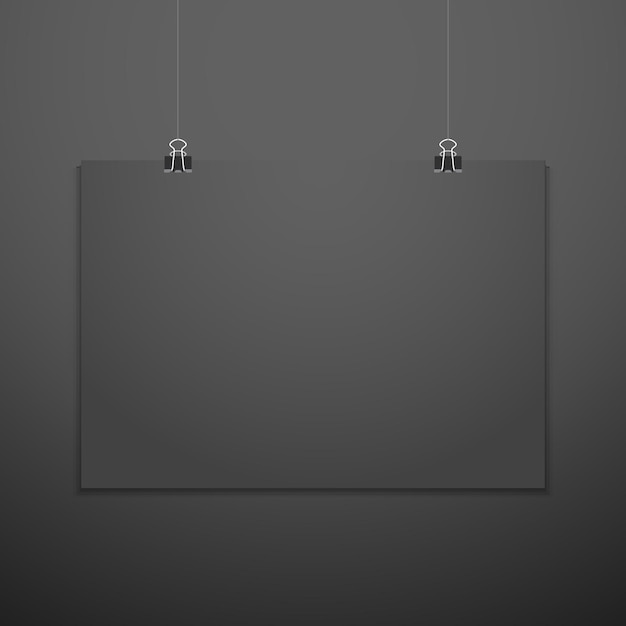 Vektor horizontales schwarzes leeres plakat, das an büroklammern aufgehängt ist, verspotten realistische schatten leere vorlage isolierten schwarzen hintergrund