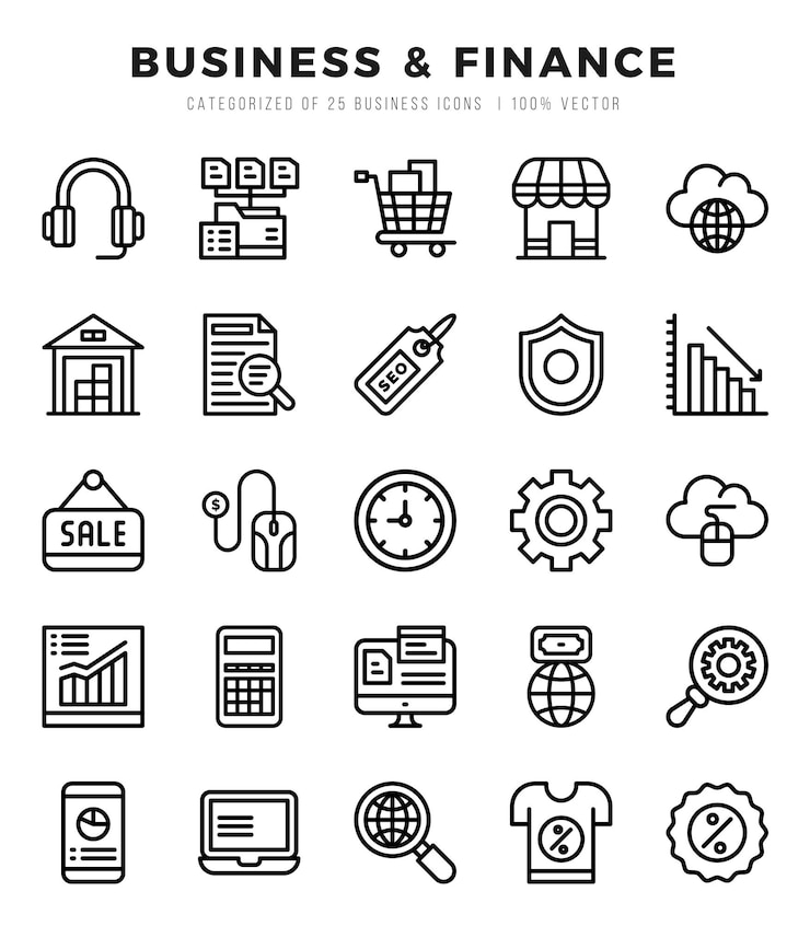 Vektor-Ikonensatz von Business Finance Lineal-Stil-Ikonen
