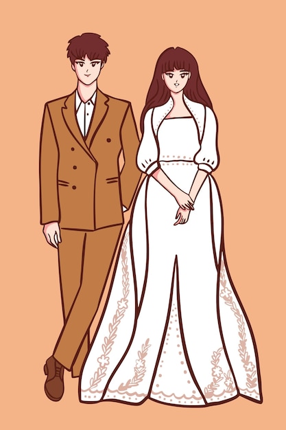 Vektor vektor-illustration braut und bräutigam weißes kleid glückliche hochzeit grußkartenvorlage