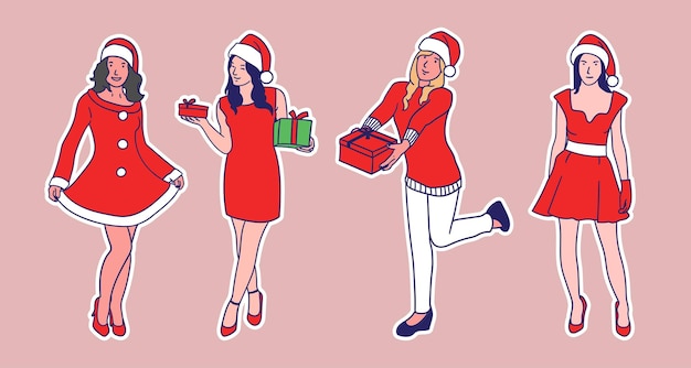 Vektor-Illustration Cartoon Frauen Weihnachten und Hut Lächeln glücklich