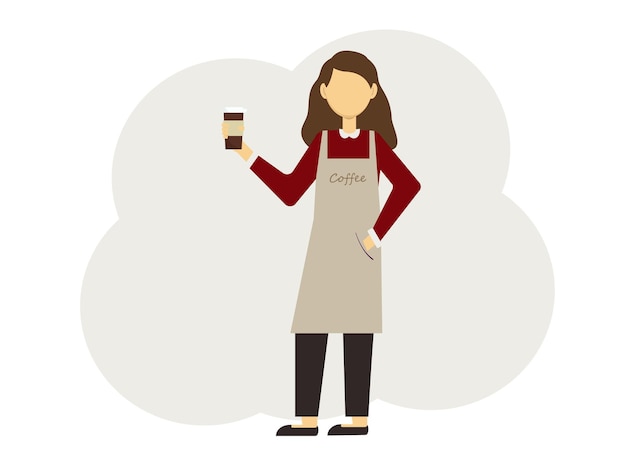 Vektor-illustration der barista-frau mit gläsern kaffee und in uniform mit schürzen