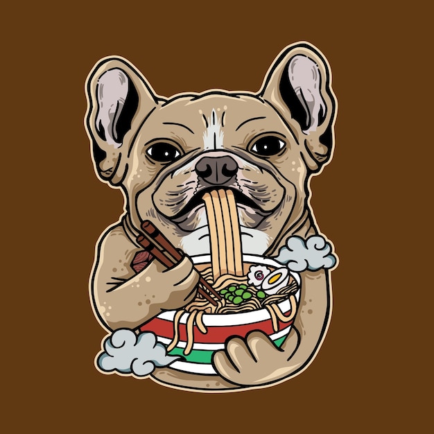 Vektor-illustration der französischen bulldogge cartoon isst ramen-nudeln im japanischen retro-stil