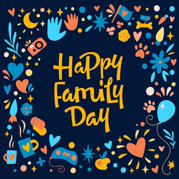 Vektor-illustration der grußkarte mit der aufschrift happy family day und verschiedenen festlichen elementen