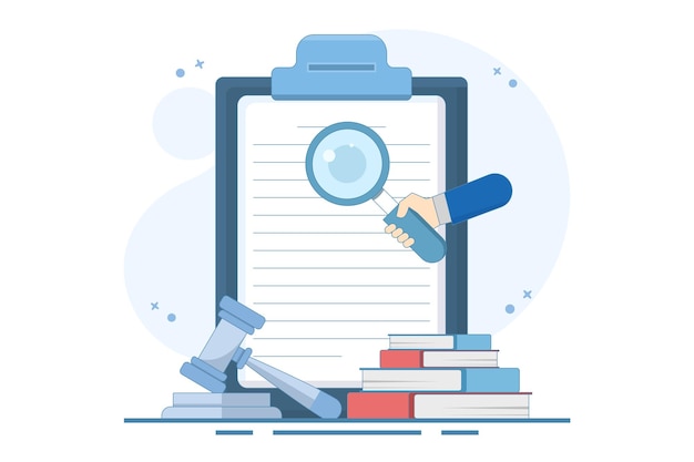 Vektor-Illustration des Rechtsforschungskonzepts mit Clipboard-Buch und Richterhammer