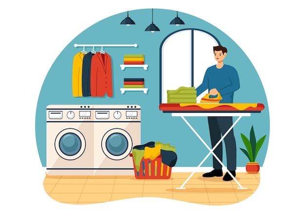 Vektor vektor-illustration des reinigungsdienstes mit waschmaschinen, trocknern und wäsche