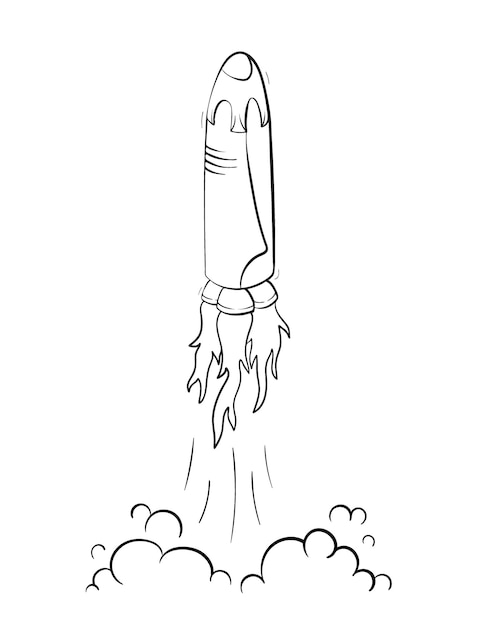 Vektor-Illustration des Starts von Raumschiffen. Raketenstart. Doodle Cartoon Umriss Space Shuttle