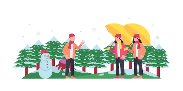 Vektor-illustration des winterstadtparks mit schnee und zwei personen. bank im winterstadtpark, winterferienkonzept im flachen karikaturstil