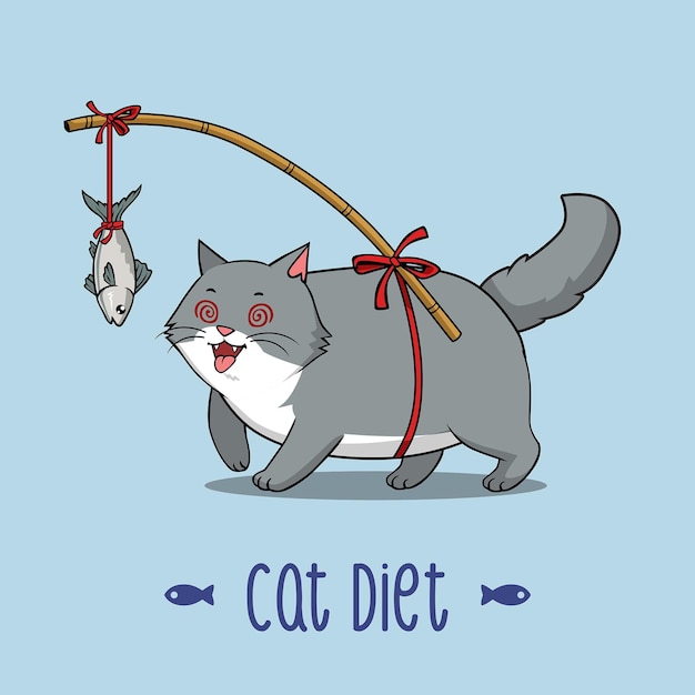 Vektor vektor-illustration diät für fette katzen mit grauem und weißem fell fette katze rennt nach fisch