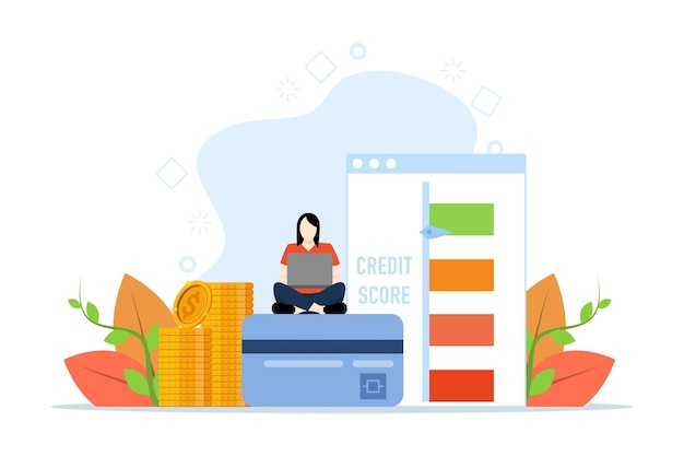 Vektor-Illustration einer Frau, die mit einem Laptop sitzt und einen Kredit-Score oder ein Bankkonzept überprüft
