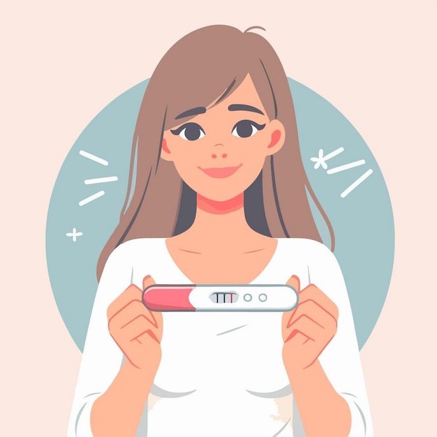Vektor-illustration einer glücklichen frau, die ein schwangerschaftstest-kit zeigt