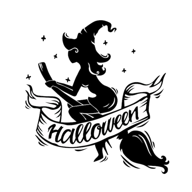 Vektor-Illustration einer Halloween-Silhouette einer bösen Hexe mit Hut auf einem Besen. Mit Text füttern. Objekte sind isoliert. Für Ihre Gestaltung.