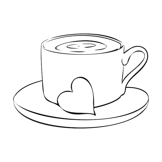 Vektor-illustration einer kaffeetasse und untertasse. herz als dekoratives element. heisses getränk. tee.