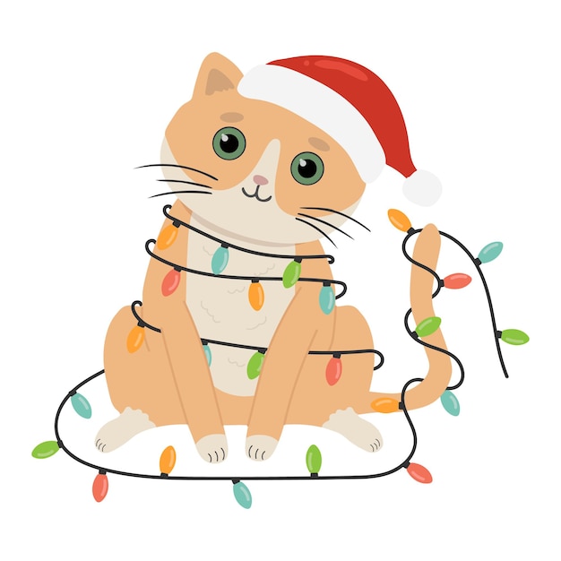 Vektor-illustration einer süßen katze im weihnachtsmann-hut mit girlande verziert