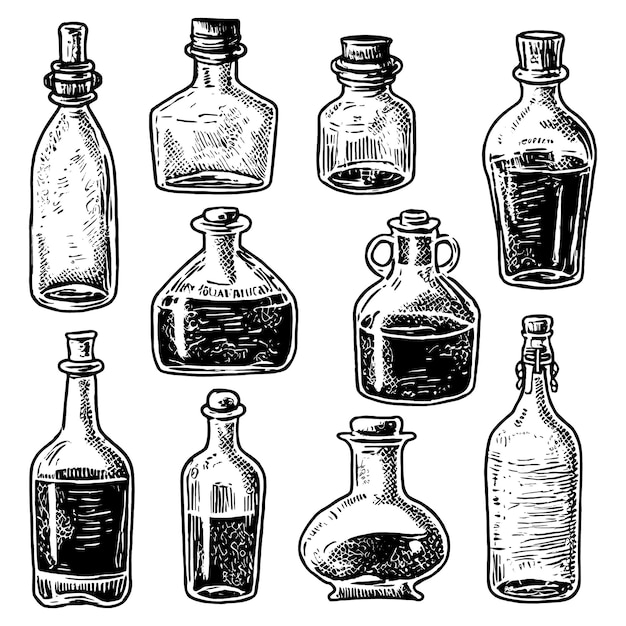 Vektor-Illustration eines anderen Flaschensatzes Vintage-Gravurstil