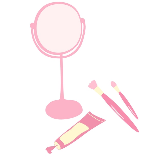 Vektor-illustration eines cartoon-frauenspiegels make-up-pinsel und creme beauty-elemente