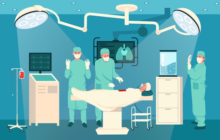 Vektor vektor-illustration eines chirurgischen teams in einem operationssaal mit medizinischer ausrüstung auf blauem hintergrund konzept der gesundheitsversorgung vektorillustration