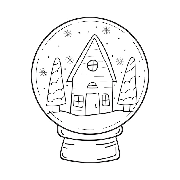 Vektor-illustration eines hauses in einer weihnachts-schneekugel doodle-illustration einer niedlichen schneekugel