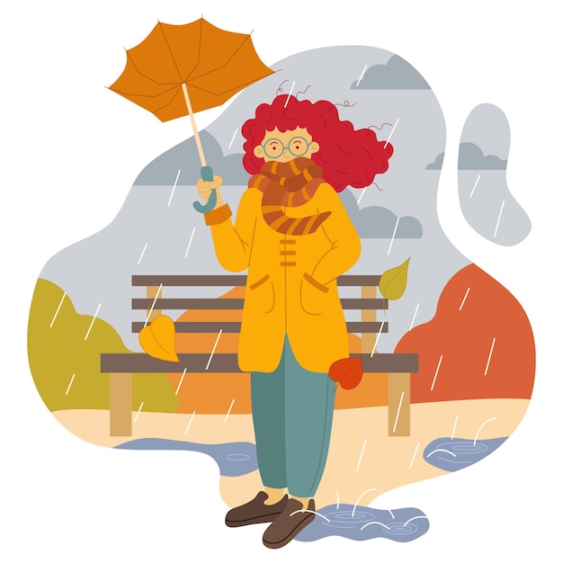 Vektor vektor-illustration eines mädchens mit brille und einem kaputten regenschirm, der im strömenden herbstregen steht