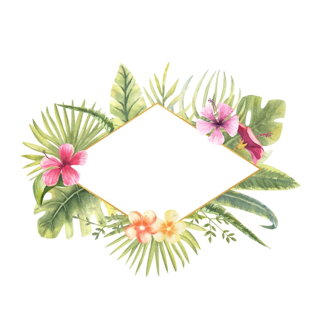 Vektor-Illustration eines rautenförmigen Rahmens mit tropischen Pflanzen Monster Bananenblätter Hibiskus usw. Blumenaquarell Für die Gestaltung von Grußkarteneinladungen