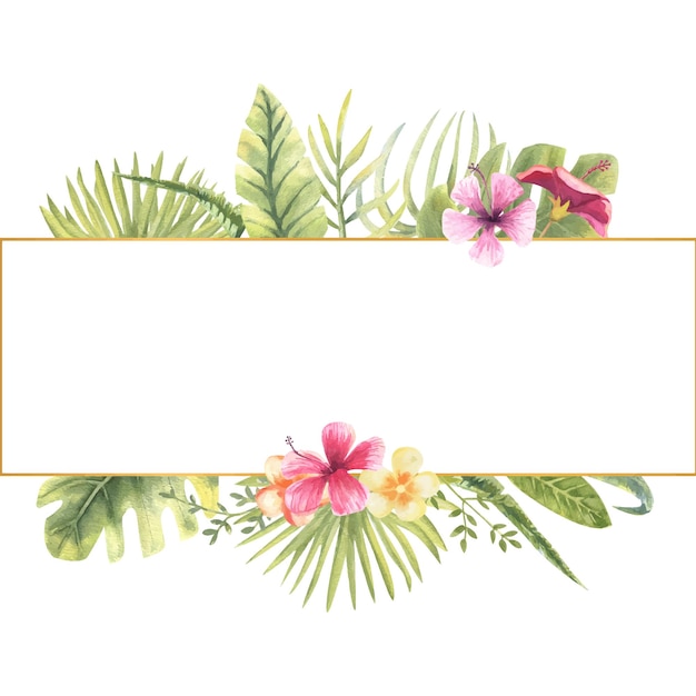 Vektor-Illustration eines rechteckigen Rahmens mit tropischen Pflanzen Monster Bananenblätter Hibiskus etc. Blumenaquarell Für die Gestaltung von Grußkarten Einladungen
