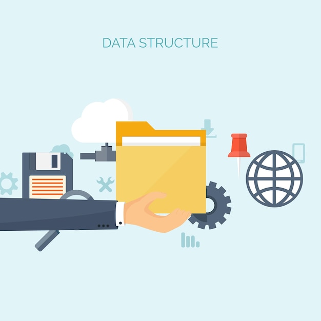 Vektor-Illustration, flacher Cloud-Computing-Hintergrund, Datenspeicherung, Netzwerktechnologie, Multimedia