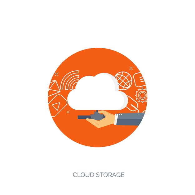 Vektor-Illustration, flacher Cloud-Computing-Hintergrund, Datenspeicherung, Netzwerktechnologie, Multimedia