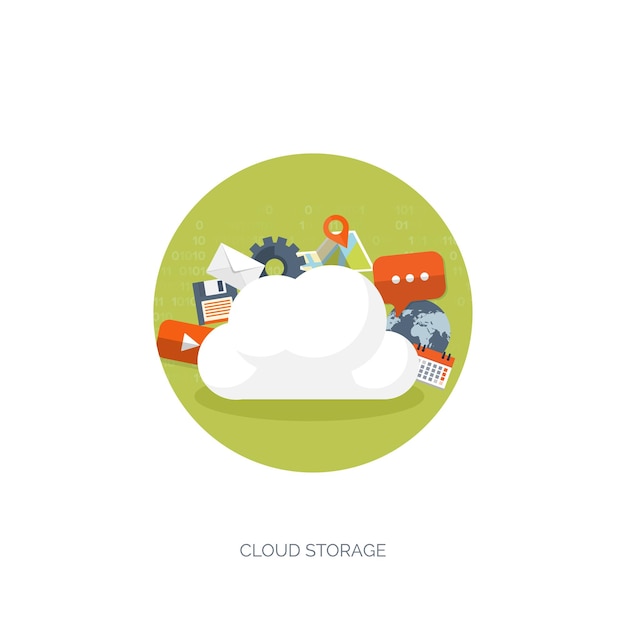 Vektor-Illustration, flacher Cloud-Computing-Hintergrund, Datenspeicherung, Netzwerktechnologie, Multimedia