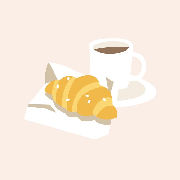 Vektor-Illustration französisches traditionelles Frühstück - Tasse Kaffee und Croissant. Leckeres Mittagessen.