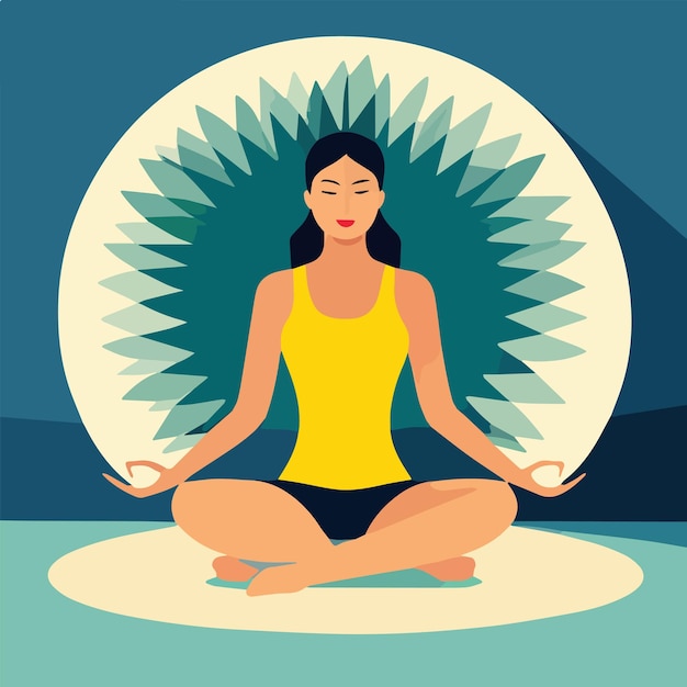 Vektor vektor-illustration frau macht yoga und meditiert in lotus-pose sie wird in einem kreis mit einem