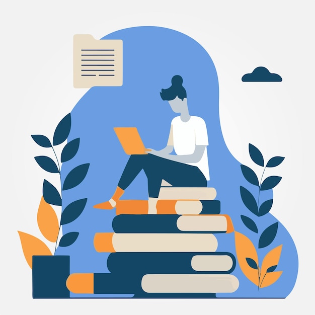 Vektor-Illustration Frau sitzt auf einem Stapel Bücher und liest ein Buch