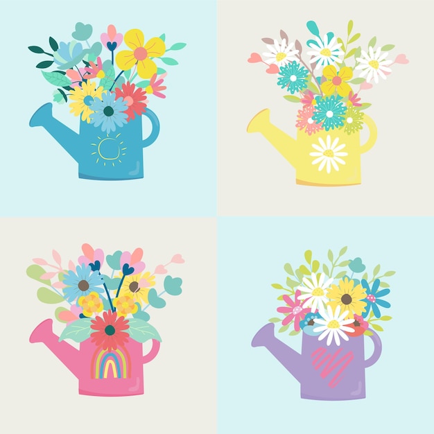 Vektor-Illustration Frühlingsbild mit Blumen Gießkanne mit Blumen