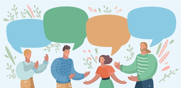 Vektor-Illustration, Gruppendiskussion, Freunde reden miteinander. Männliche und weibliche Charaktere, Nahaufnahme mit Blasenrede. Team-Brainstorming-Gespräch, Kollegen, Studenten, Gesten