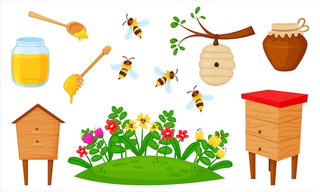 Vektor-illustration-honig-set bienen wiese blumen bienenstock haus für eine biene