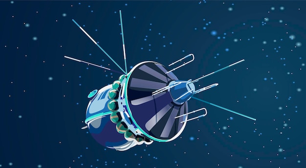 Vektor-illustration-karte mit raumschiff-satelliten im weltraum weltraumgeschichte programm menschliche erforschung des nahen weltraums bild mit 3d-modell fliegendes raumschiff isoliert