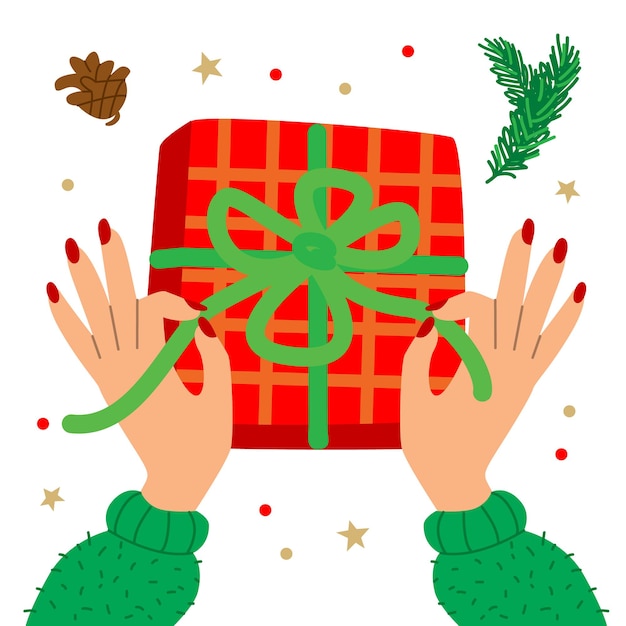 Vektor-illustration mit händen und geschenkverpackung weihnachtsgeschenkbox