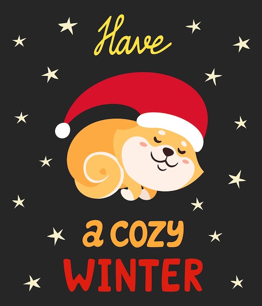 Vektor vektor-illustration mit niedlichen shiba inu in weihnachtsmütze isoliert auf weiss. bunter cartoon-japan-hund mit schriftzug für zeitschriften, aufkleber, neujahrskarten.