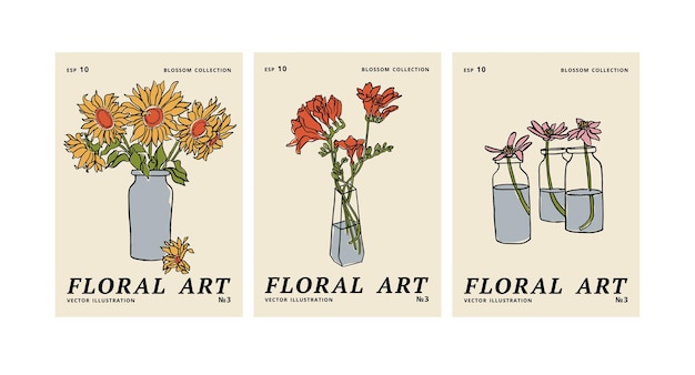 Vektor-illustration-set von floralen tintenplakaten mit verschiedenen blumen und vasenkunst für drucke, wandkunst, bannerhintergrund