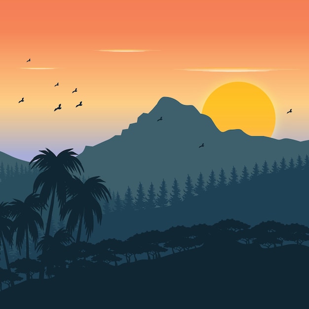 Vektor-illustration sonnenuntergang landschaftsgestaltung