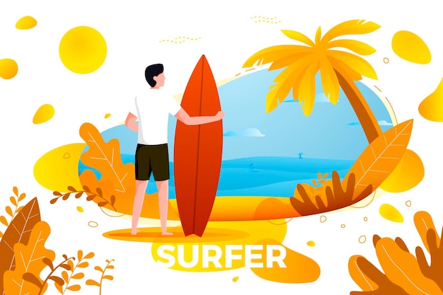 Vektor vektor-illustration - surfen mann am strand. palm, sand, meer im hintergrund. banner, site, poster-vorlage mit platz für ihren text.