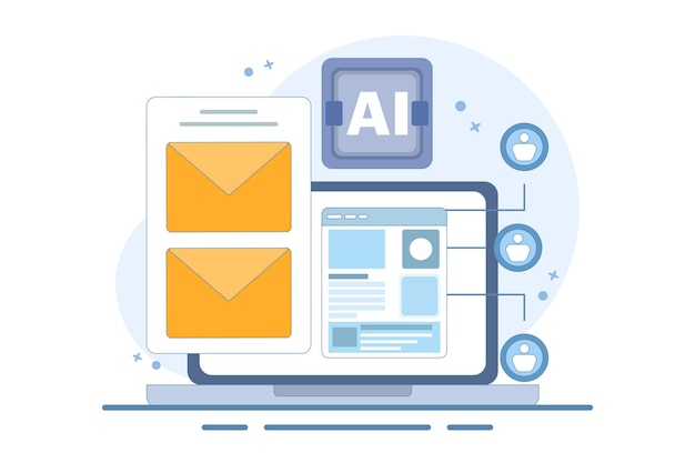 Vektor-Illustration über das Konzept der E-Mail-Automatisierung oder die KI-basierte E-mail-Kampagne