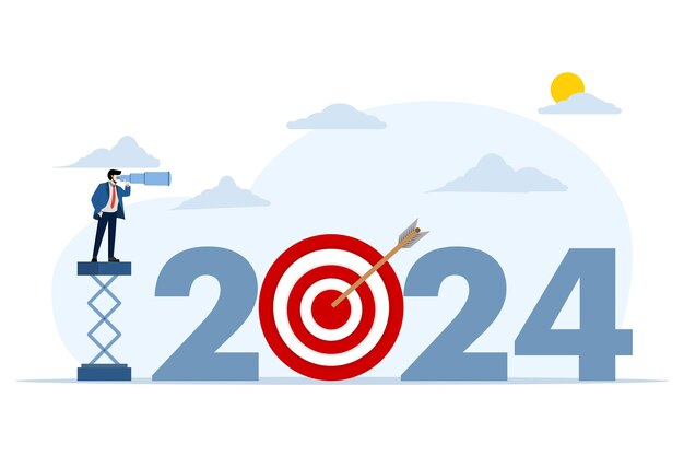 Vektor-Illustration über das Konzept der strategischen Aktionsplanung im neuen Jahr 2024