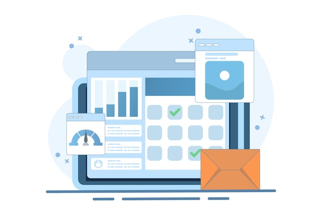 Vektor-Illustration über das Konzept einer Projektmanagement-Software, die mehrere Geschäftsaufgaben übernimmt