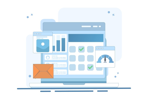 Vektor-Illustration über das Konzept einer Projektmanagement-Software, die mehrere Geschäftsaufgaben übernimmt