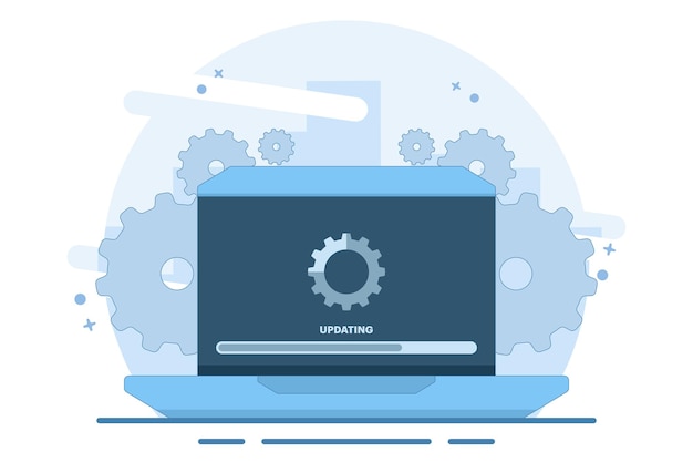 Vektor-Illustration über Laptop-Computer mit Software-Update-Bildschirm oder Systemwartung