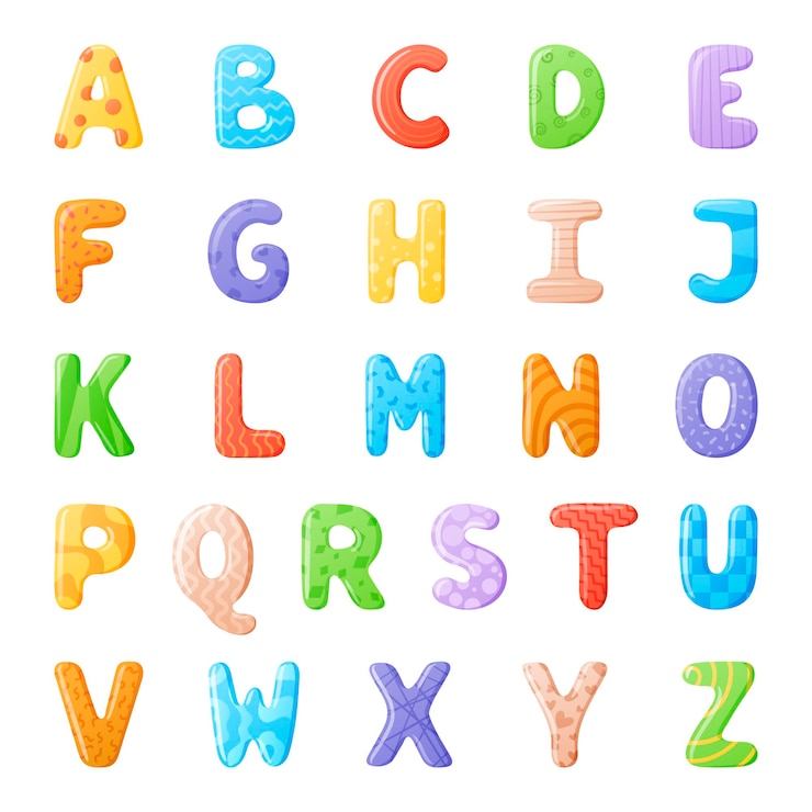 Vektor vektor-illustration von cartoon isoliert volumetrischen mehrfarbigen buchstaben des englischen alphabets mit mustern.