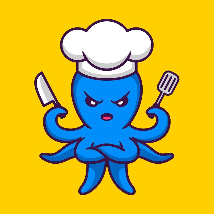 Vektor-Illustration von Cute Octopus als Koch, der ein Messer mit einem wütenden Gesicht im Cartoon-Flat-Stil hält