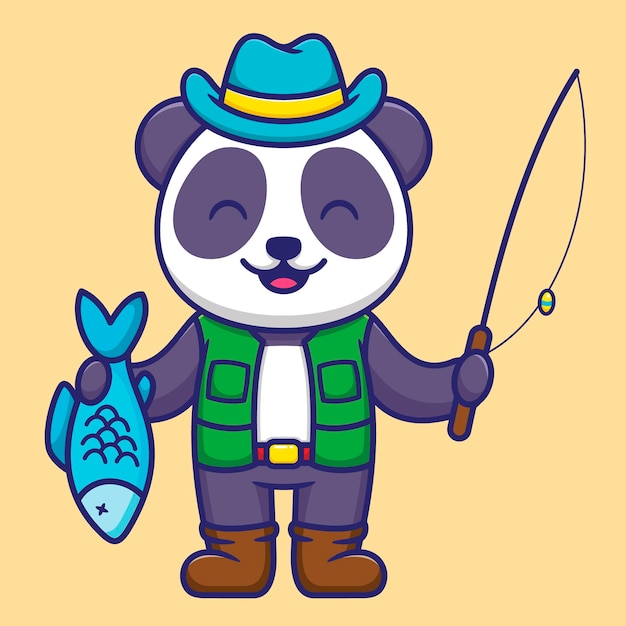 Vektor-Illustration von Cute Panda Fishing in mit einem blauen Hut und Fisch im Cartoon Flat Style